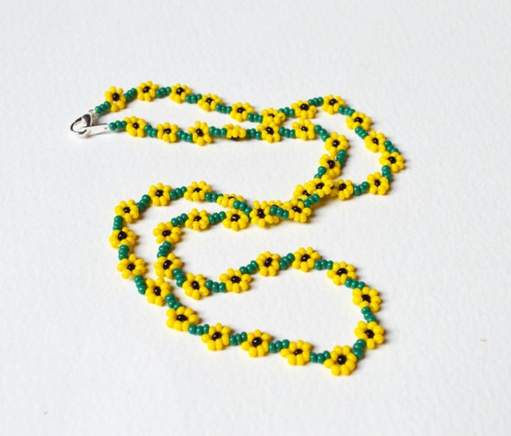 Beaded Sunflower Necklace. Seed Bead Flower Necklace Sunflower