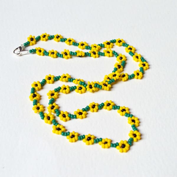 Beaded Sunflower Necklace. Seed Bead Flower Necklace, Sunflower Jewelry, UK Seller