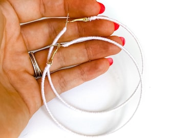 Large White Hoop Earrings, Thread Wrapped White Hoops, Extra Large Hoops, UK Seller