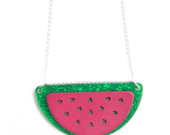 Watermelon Necklace, Large Watermelon Pendant Necklace, Kitsch Necklace, Fun Summer Necklace, UK Seller