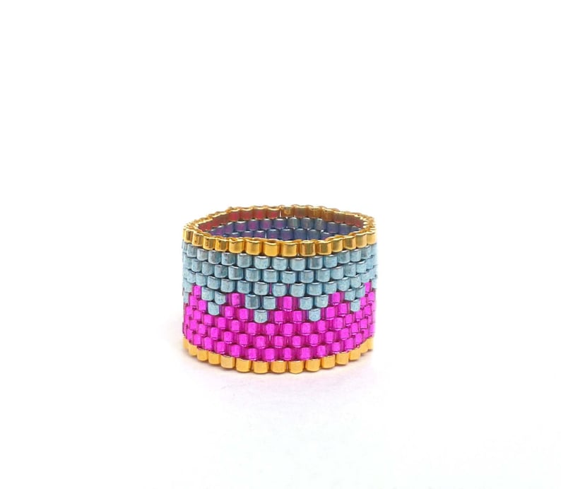 Turquoise Beaded Ring Pink Seed Bead Ring Zig Zag Ring Etsy