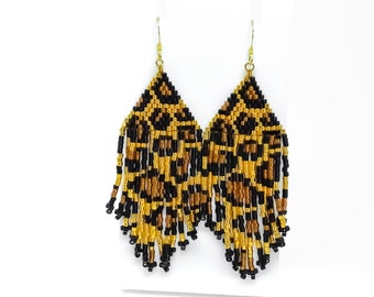 Leopard Print Earrings, Leopard Bead Fringe Earrings, Leopard Dangle Earrings, UK