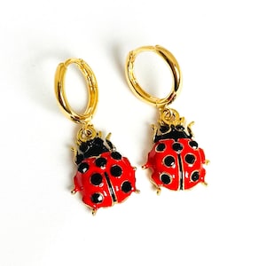 Ladybird Earrings, Ladybug Earrings, Huggie Hoop Earrings, Lady Bug Jewelry, UK Seller, Gifts Under 15