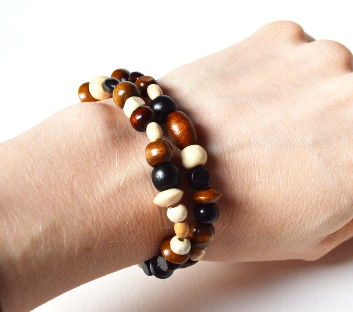 Wooden Bead Bracelets Brown Beaded Bracelet Stretch Etsy