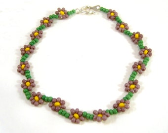 Beaded Flower Bracelet: Purple Seed Bead Bracelet, Daisy Chain Bracelet, Floral Jewelry,  UK
