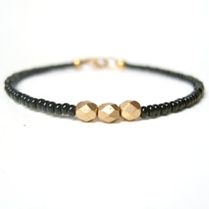 Gold Nugget Bracelet, Black Friendship Bracelet, Simple Beaded Jewelry UK