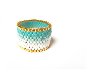 Turquoise Ombre Ring, Mint Beaded Ring, Seed Bead Ring, Ombre Jewelry UK