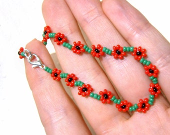 Poppy Bracelet for Women, Dainty Red Flower Beaded Jewellery, Mummy & Me Matching Set, Mother Daughter Gift, Friendship Bracelet UK