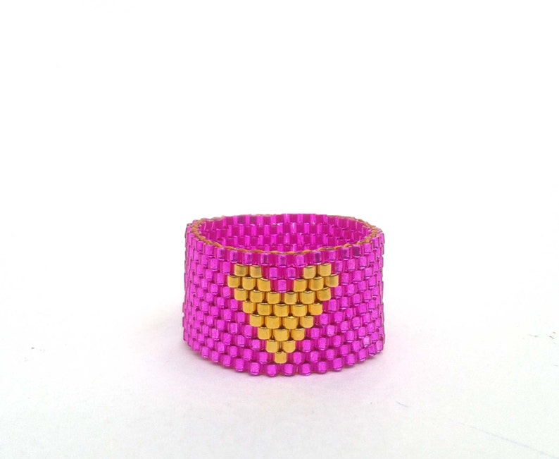 Gold Heart Ring Fuchsia Pink Ring Hot Pink Seed Bead Ring Etsy