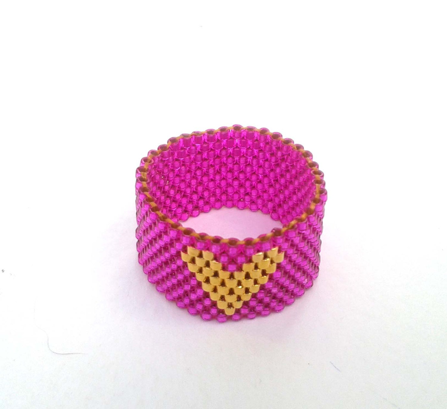 Gold Heart Ring Fuchsia Pink Ring Hot Pink Seed Bead Ring Etsy
