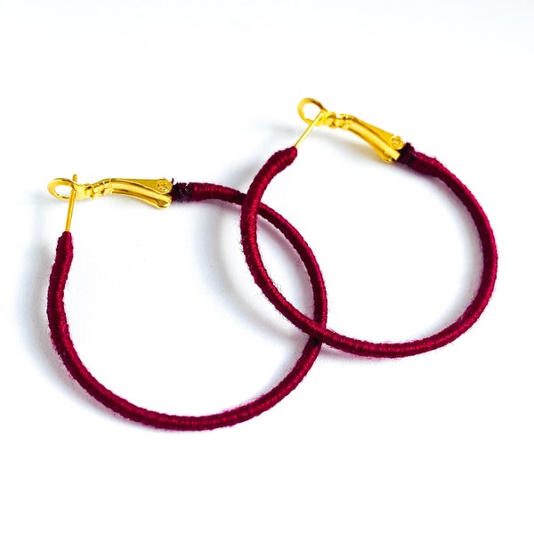 Burgundy Hoop Earrings, Dark Red Earrings, Thread Wrapped Hoops, Wine Red Hoops UK