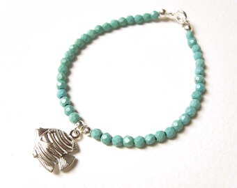 Genuine Turquoise Bead Bracelet, Silver Fish Charm Bracelet, Angel Fish Bracelet, Present for fish keeper in the UK, Snorkelling gift
