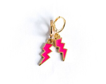 Pink Lightning Bolt Earrings, Gold Huggie Hoops, Bold Statement