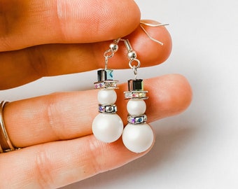 Swarovski Snowman Earrings, Crystal Snowman Dangle Earrings, Swarovski Christmas Earrings, UK Seller, Handmade Snowman, Sterling Silver