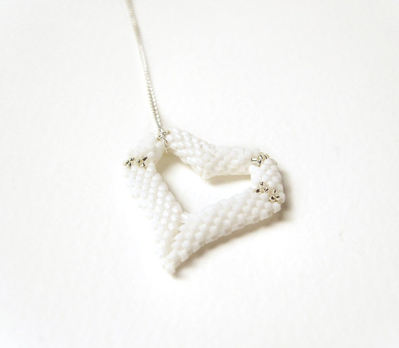 White Heart Pendant Necklace Sterling Silver Chain Seed Bead Heart Necklace Puffy Heart