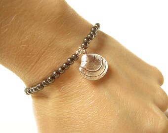 Hematite Bead Bracelet, Silver Shell Bracelet, Hematite Bracelet, Beach Jewelry UK