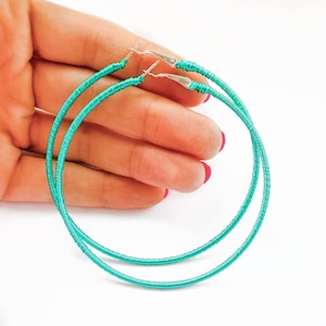 Aqua Green Hoop Earrings, Mermaid Hoops, Large Hoop Earrings, Thread Wrapped Hoops, UK Seller