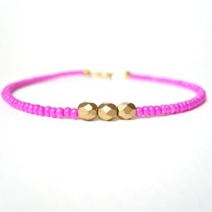 Hot Pink Bracelet, Beaded Friendship Bracelet, Gold Nugget Bracelet, Neon Jewelry UK