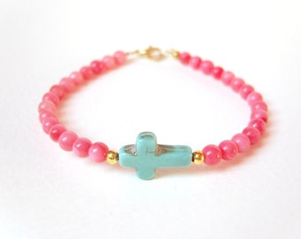 Sideways Cross Bracelet, Turquoise Cross Pink Coral Bracelet, Beaded Bracelet, UK Seller