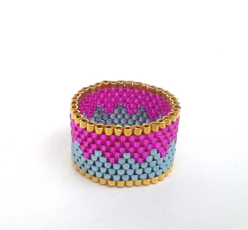 Turquoise Beaded Ring Pink Seed Bead Ring Zig Zag Ring Etsy