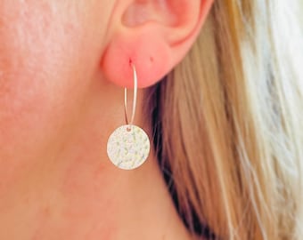 May include: Silver hoop earrings with a hammered round disc pendant. The disc has a textured surface and a small hole in the centre.