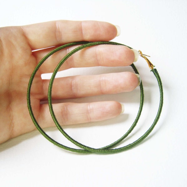 Mid Green Hoop Earrings, Thread Wrapped Hoops, Large Hoop Earings UK