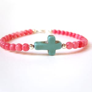 Turquoise and Coral Bracelet, Sideways Cross Bracelet, Turquoise Cross Beaded Bracelet, Pink Coral Jewelry UK