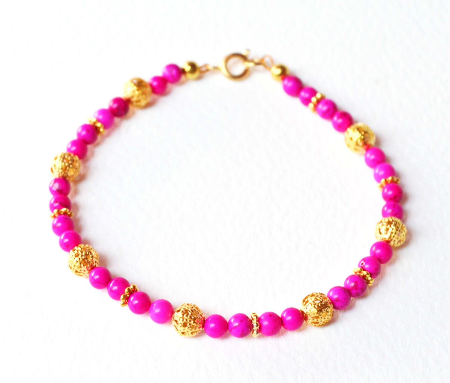 Neon Pink Bracelet Hot Pink and Gold Beaded Bracelet Howlite Etsy
