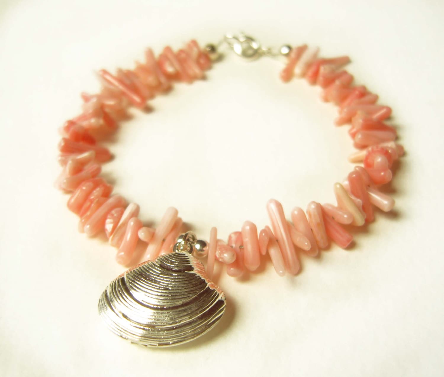 Pink Coral Bracelet Silver Shell Bracelet Coral Stick Bead Etsy