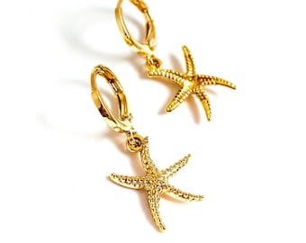 Starfish Earrings, Charm Hoop Earrings, Gold Huggie Earrings, Ocean Earrings, Star Fish Jewelry, Beach Lovers Gift, Beachy Earrings