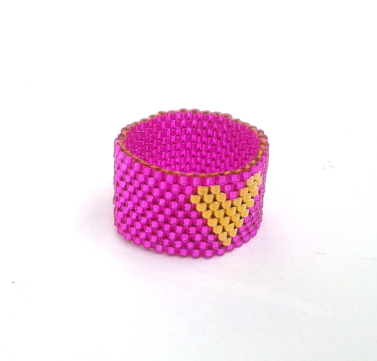 Gold Heart Ring Fuchsia Pink Ring Hot Pink Seed Bead Ring Etsy