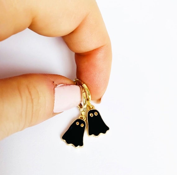 Black Ghost Earrings, Halloween Earrings, Spooky Earrings, Halloween Jewelry, Cute Ghost Huggie Hoop Earrings, Ghost Jewelry UK