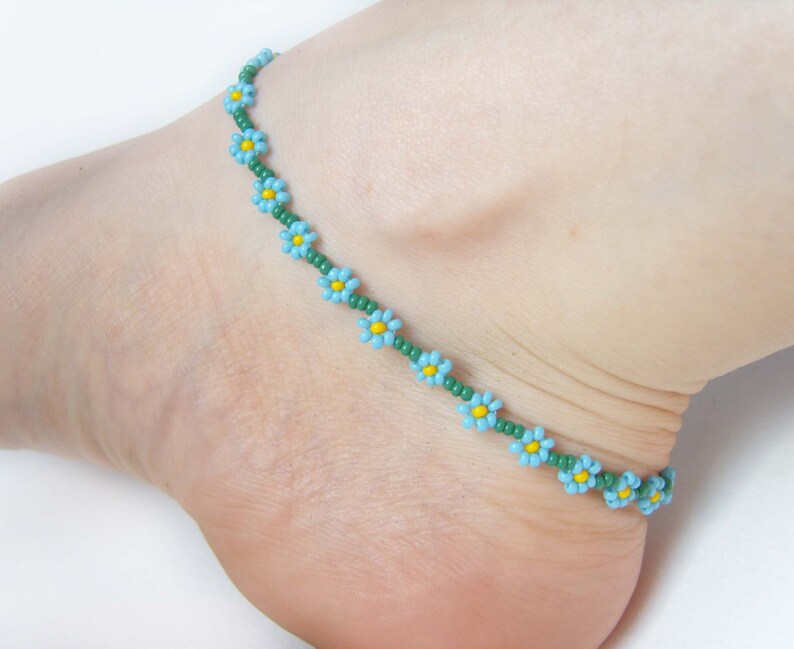 Blue Beaded Anklet Me Not Flower Anklet Seed Bead Etsy