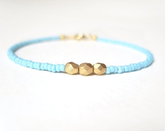 Gold Nugget Bracelet, Blue Seed Bead Bracelet, Layering Bracelet, UK Seller