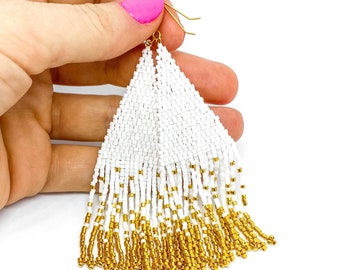 White and Gold Fringe Earrings, Dangly Bead Earrings, Statement Earrings UK Seller