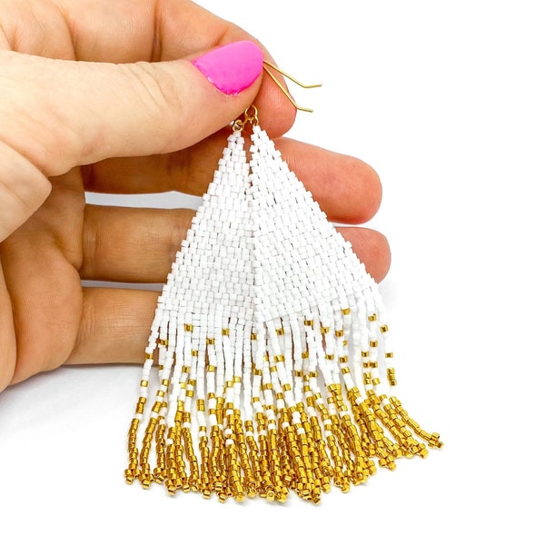 White and Gold Fringe Earrings, Dangly Bead Earrings, Statement Earrings UK Seller