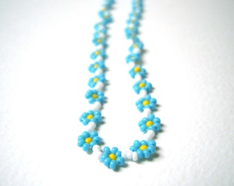 Ne m'oubliez pas collier bleu, collier de perles de rocaille, collier de fleurs bleu clair, Summer Fashion UK