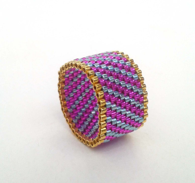 Seed Bead Ring Pink and Blue Striped Ring Beadwoven Ring Etsy