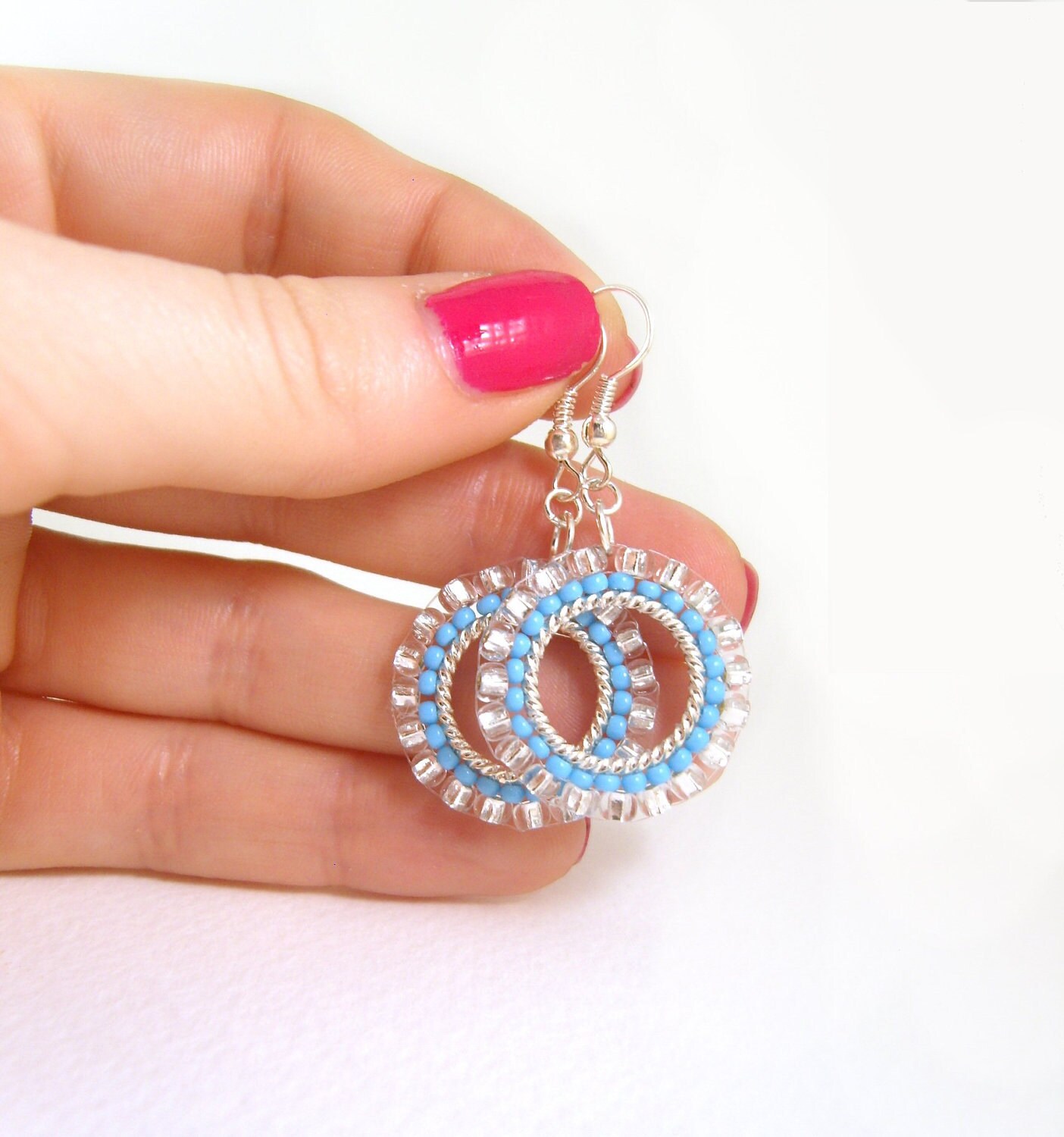 Small Beaded Hoop Earrings Blue Seed Bead Dangly Earrings Etsy