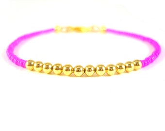 Neon Pink Bracelet, Bright Pink Bead Bracelet, Beaded Friendship Bracelet, Thin Layering Bracelet