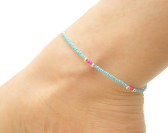 Pink and Blue Seed Bead Anklet: Boho Beaded Anklet, Beach Jewelry, Simple Ankle Bracelet, Summer Jewellery U.K. Seller
