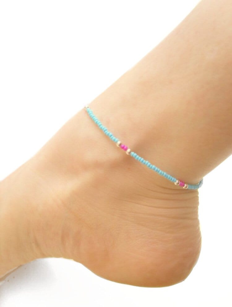 JewelleryByJora Pink and Blue Seed Bead Anklet Boho Beaded Anklet Beach Jewelry Simple Ankle Bracelet Summer Jewellery U.K. Seller