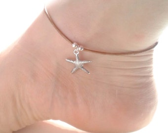 Starfish Anklet, Leather Anklet, Beach Anklets, Silver Starfish Charm Ankle Bracelet, Adjustable Anklet, UK Seller