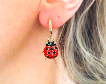 Ladybird Earrings, Ladybug Earrings, Huggie Hoop Earrings, Lady Bug Jewelry, UK Seller, Gifts Under 15