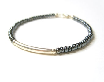 Silver Bar Bracelet, Beaded Friendship Bracelet, Gunmetal Jewellery UK, Gifts For Teenagers