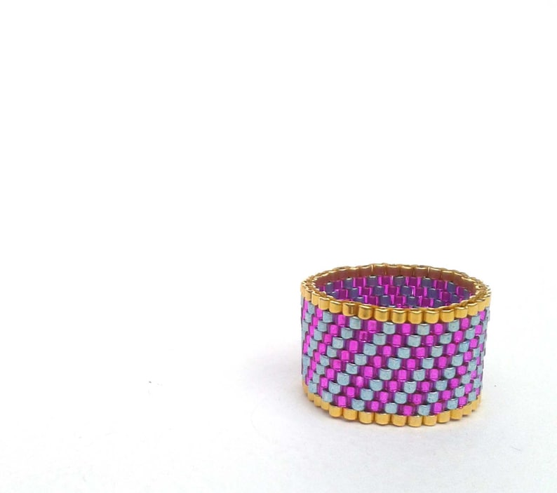 Seed Bead Ring Pink and Blue Striped Ring Beadwoven Ring Etsy