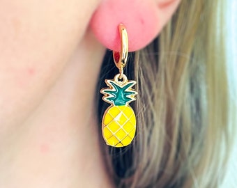 Pineapple Earrings, Fruit Earrings, Food Earrings, Kawaii Earrings, Huggie Hoop Earrings, Gold Plated Novelty Earrings, Tropical Uk seller