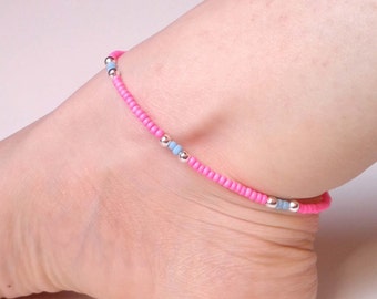 Neon Pink Anklet, Beaded Ankle Bracelet, Pink and Blue Seed Bead Anklet, UK Seller