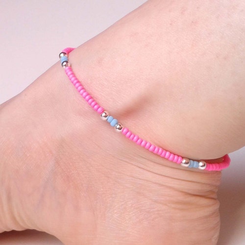Neon Pink Anklet Beaded Ankle Bracelet Pink and Blue Seed Etsy Denmark