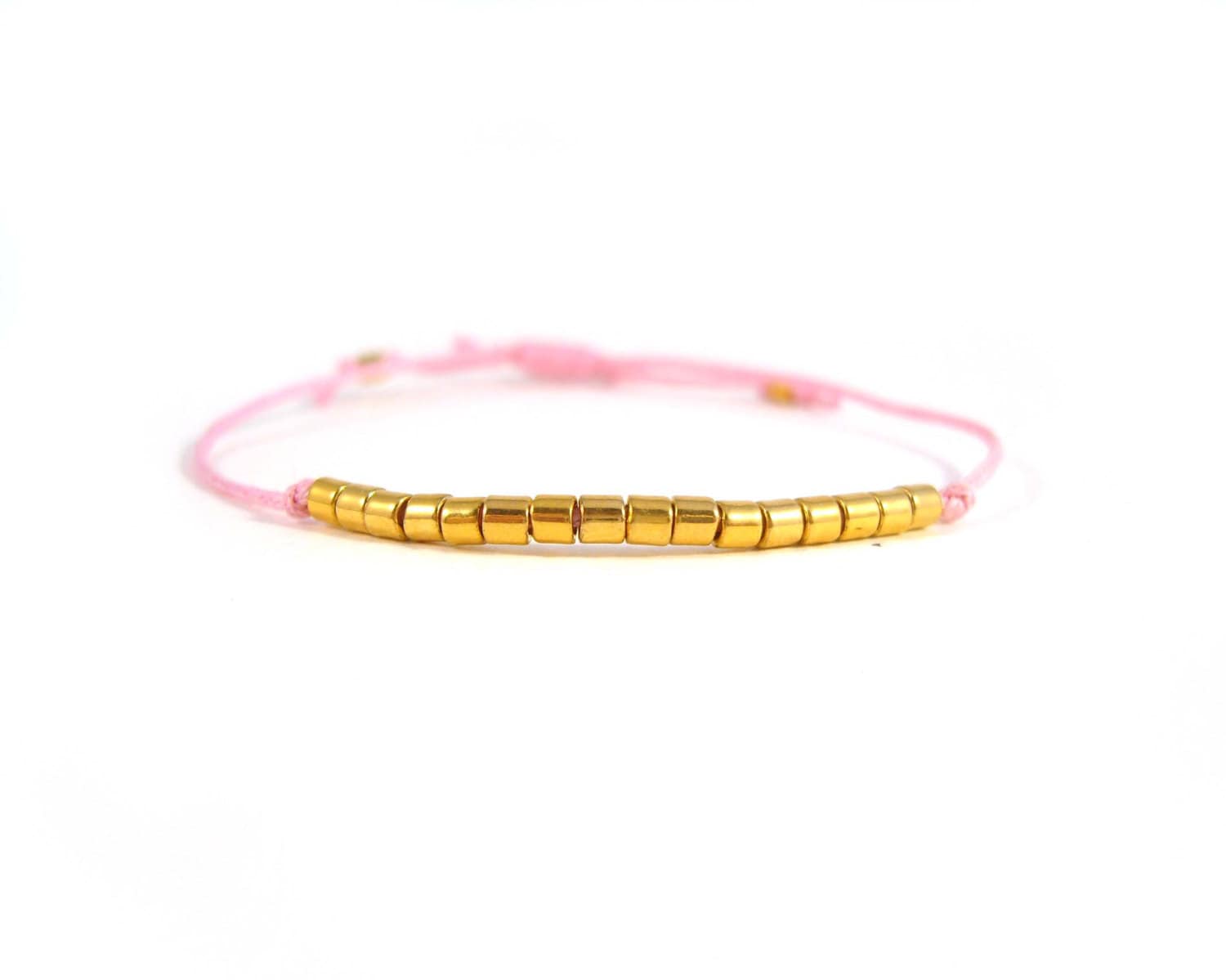 Pink Friendship Bracelet, Light Pink String Bracelet, Gold Bead ...